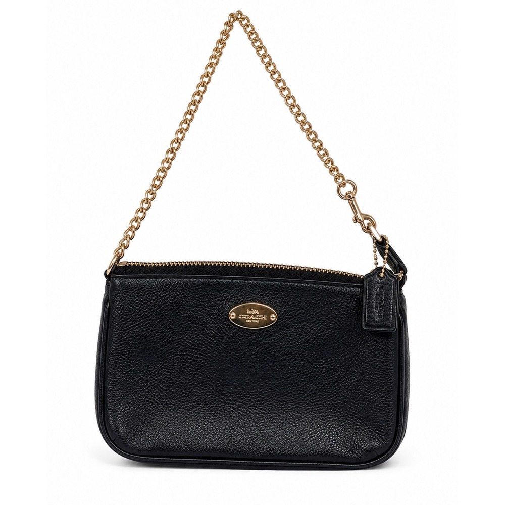 Coach Black Pebbled Leather Chain Wristlet Shoulder Bag Gold Tone Zip Top EUC‎